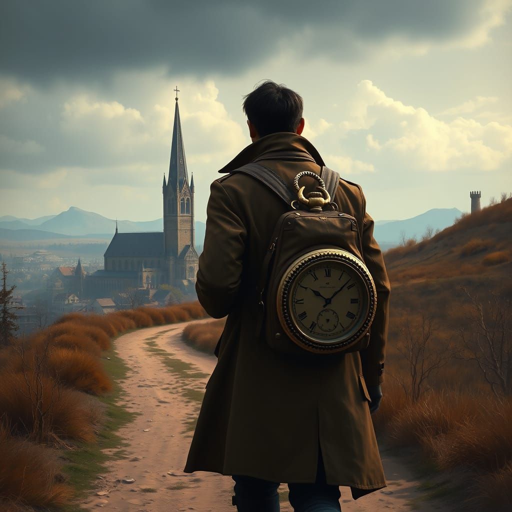 Time Traveler in Whimsical Fantasy Landscape