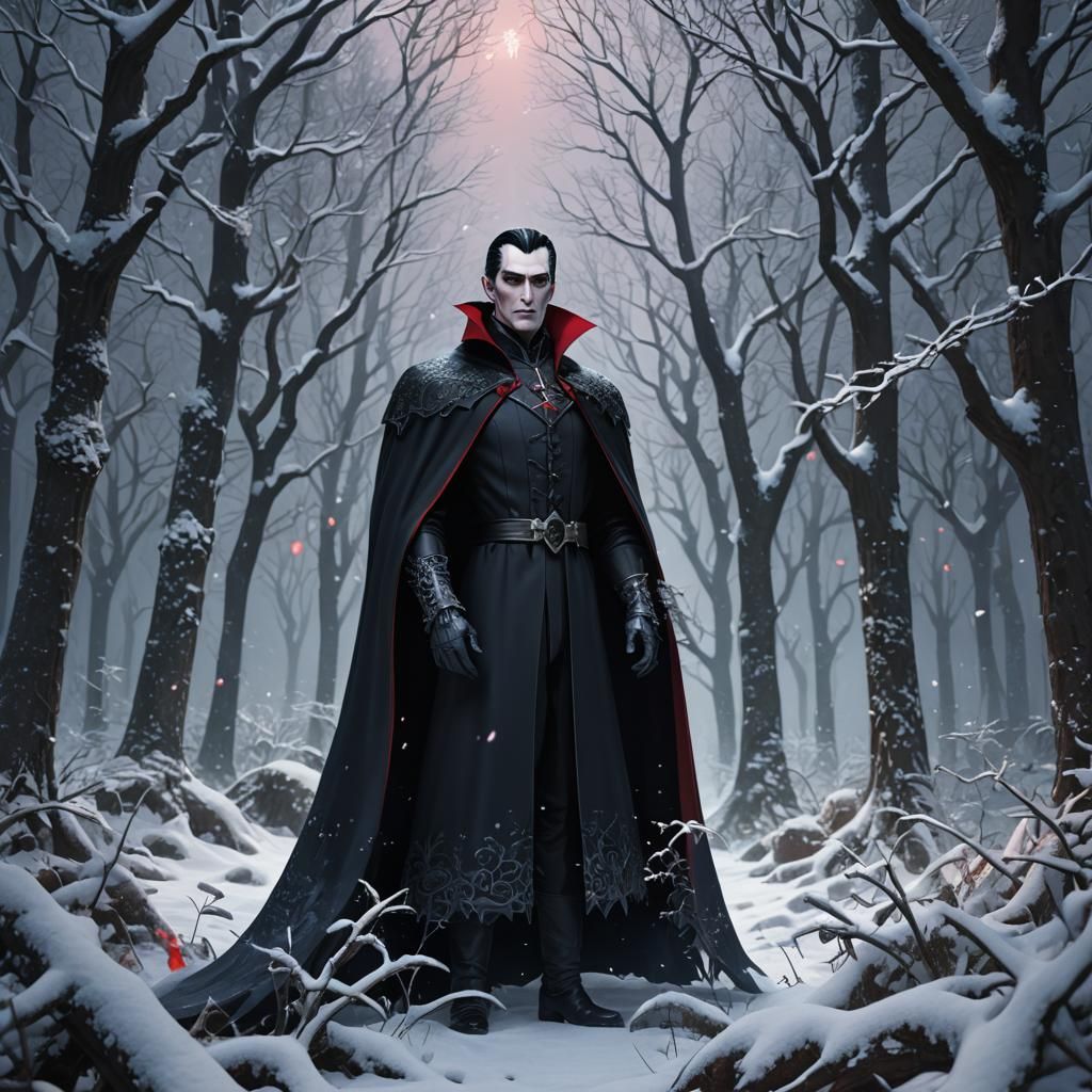 Dracula in Snowy Forest, Anime-Inspired 3D Art