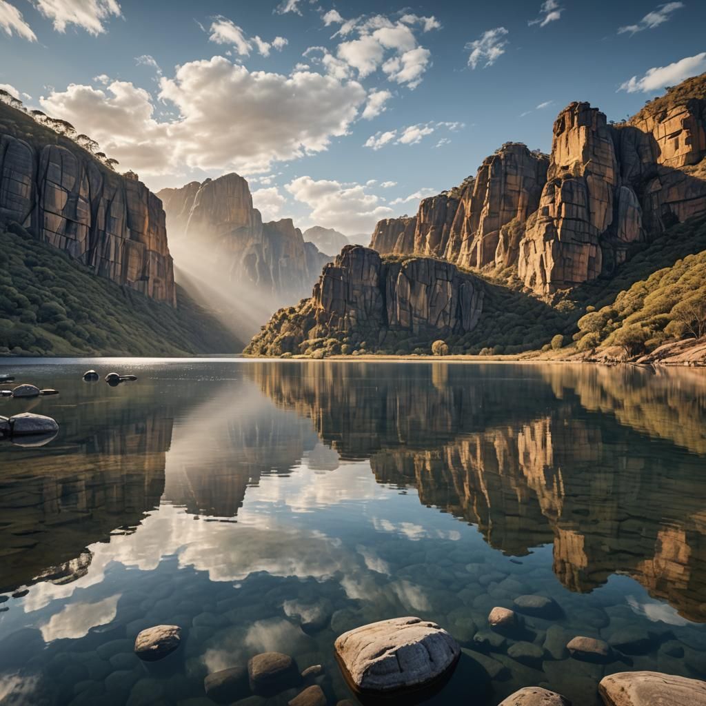 Australian Lake Surrounded by Towering Cliffs