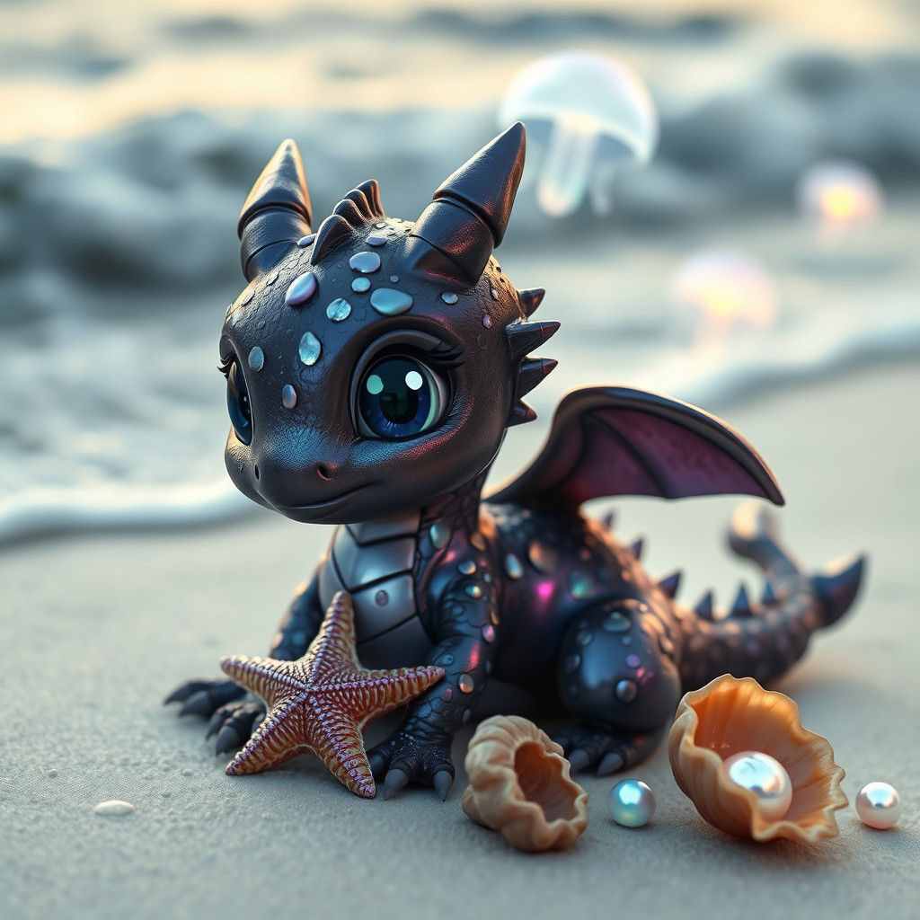 Kawaii Water Dragon with Pearls on Beach