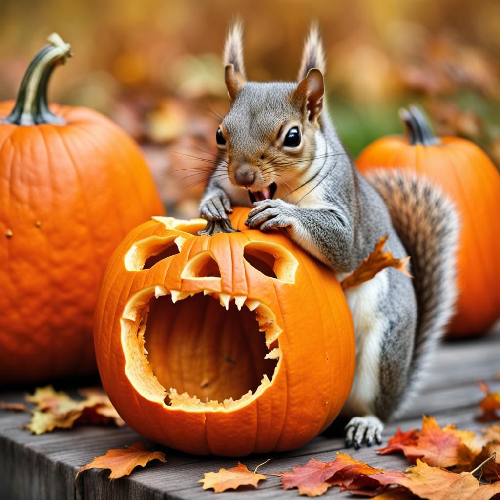Funny Squirrel Carving a Pumpkin