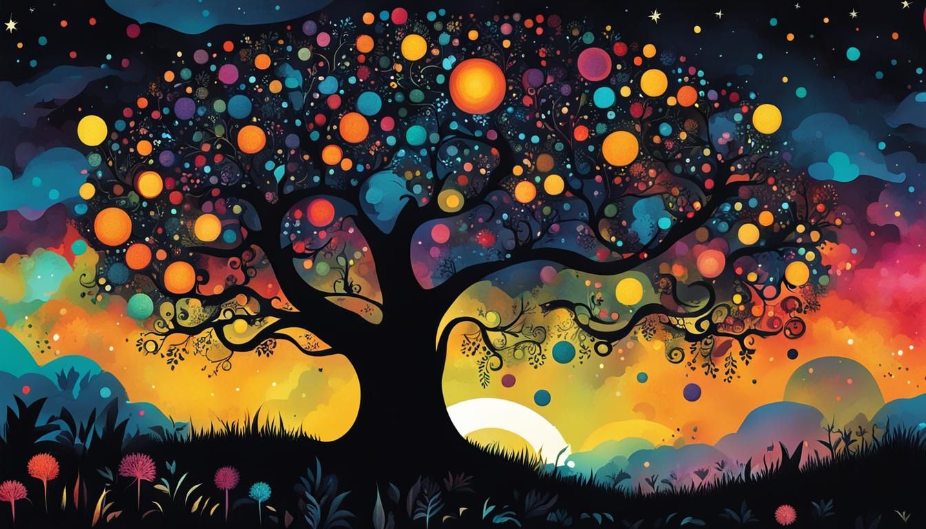 Glowing Mysterious Tree: Whimsical Typographic Cartoon Poste...