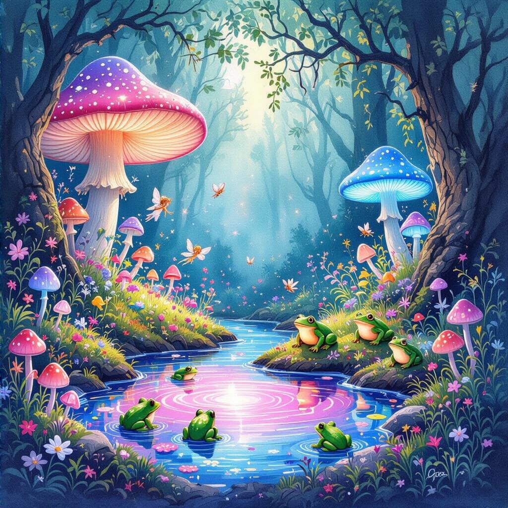 Magical Watercolor Forest with Fairies and Glowing Fungi