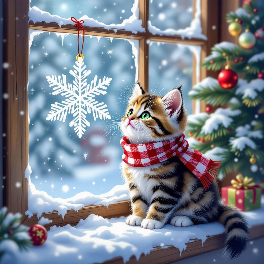 Cute Kitten on Snowy Windowsill in Watercolor Style