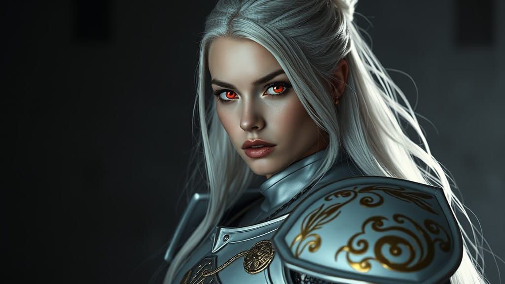 Regal Woman in Silver Hair and Red Eyes, Exuding Arrogance a...