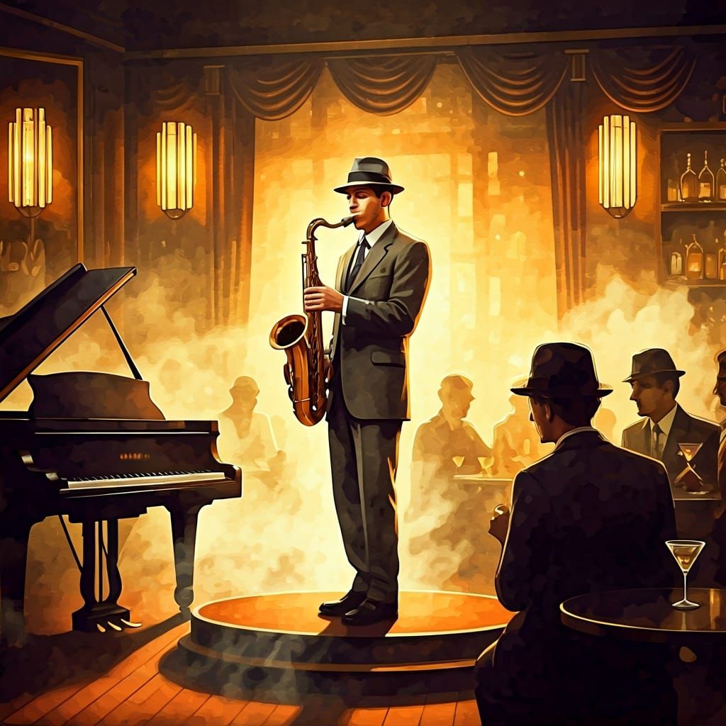 Jazz Saxophone Player in 1920s Speakeasy Watercolor