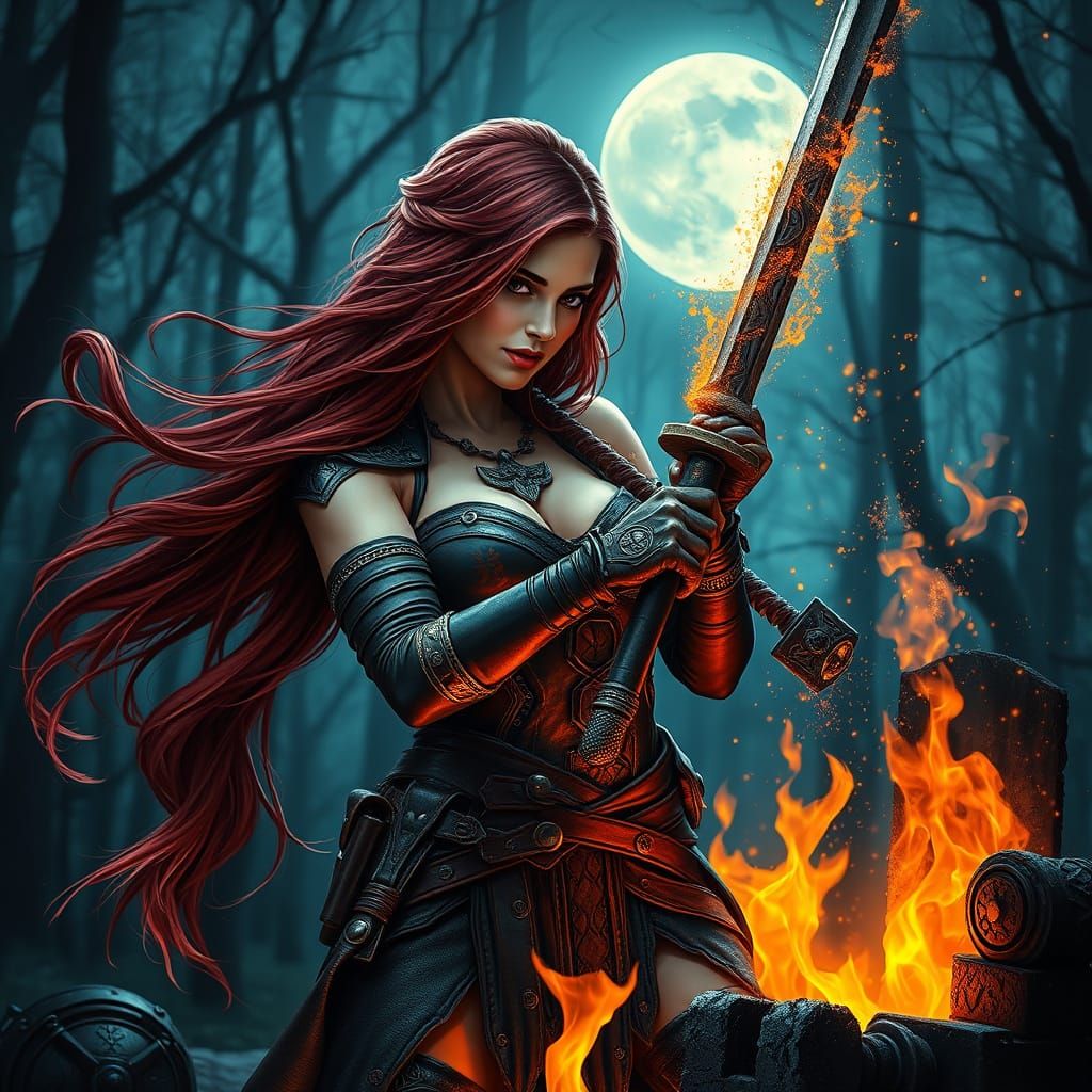 Sexy Blacksmith Woman Forges Magical Sword Under Full Moonli...