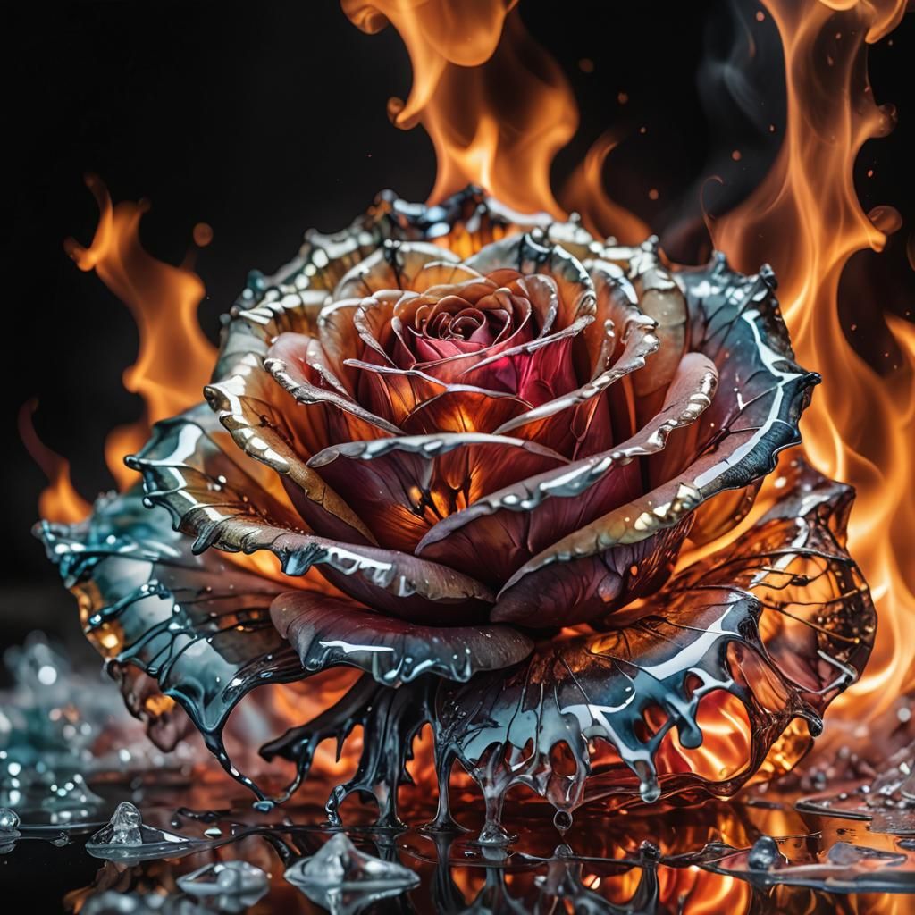 Melting Ice Rose in Distant Fire