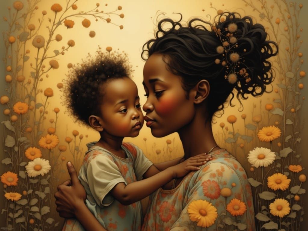 Warm Grandmother Comforts Cuddly Black Toddler in a Vibrant,...