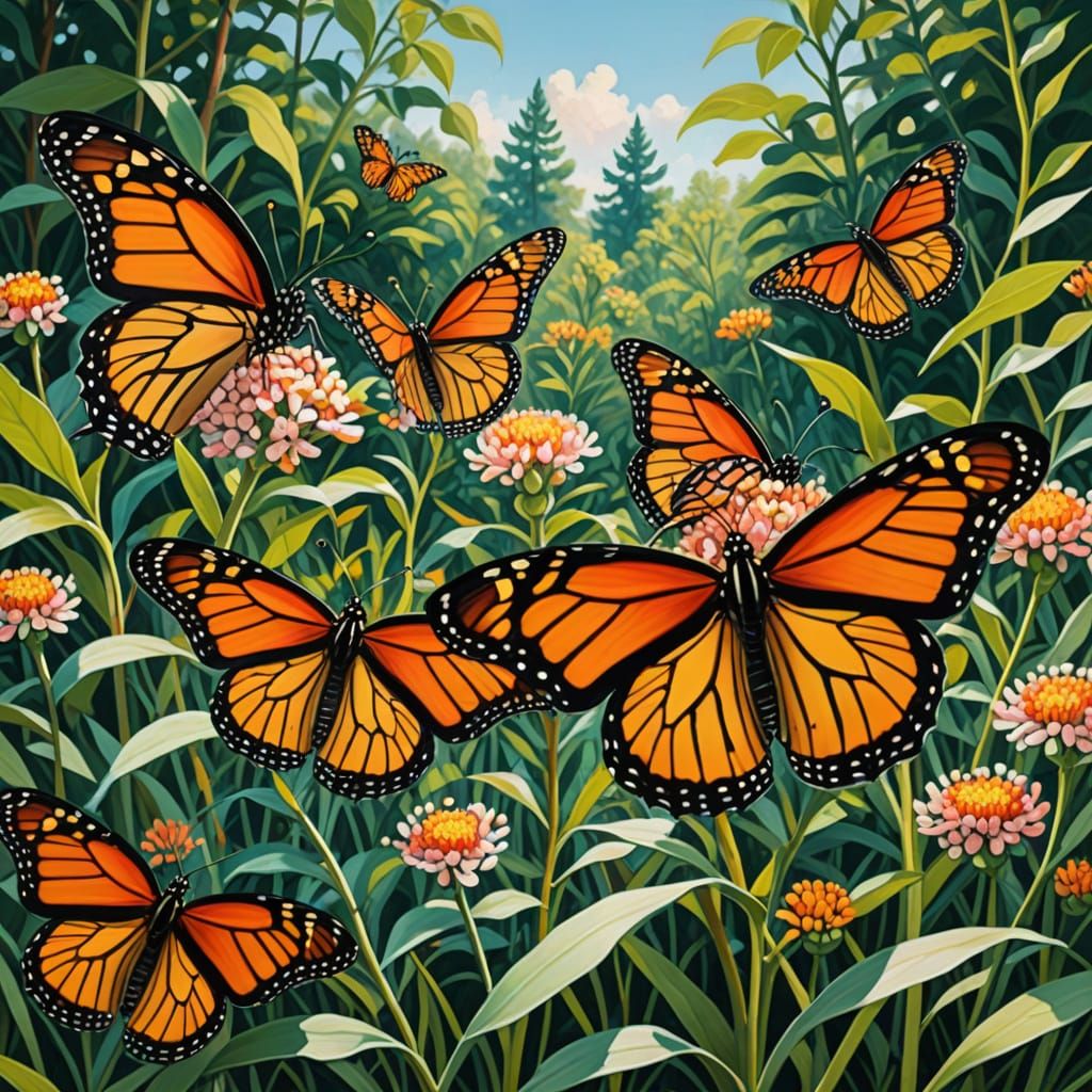 Vibrant Monarch Butterflies in Lush Impressionist Landscape