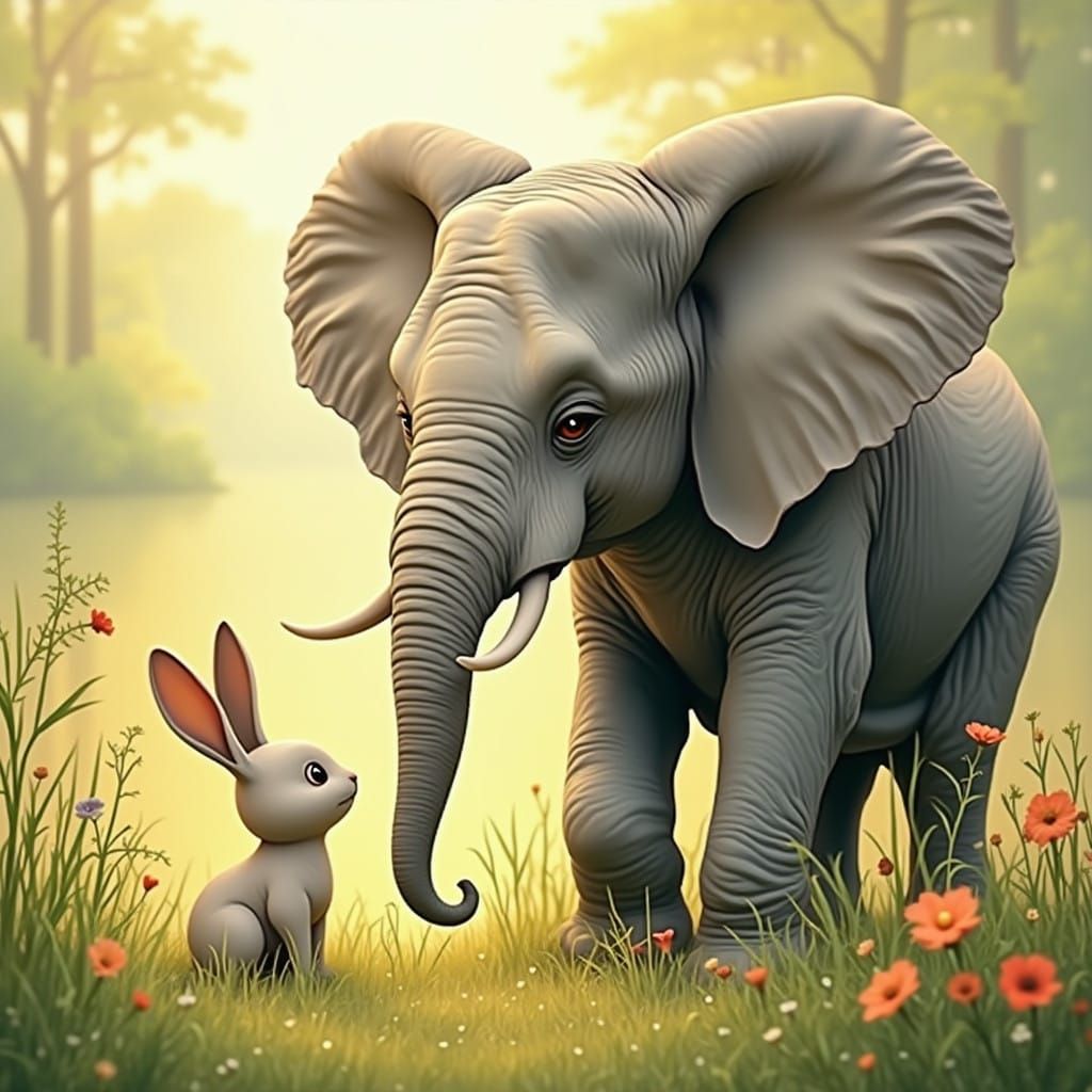 A Gray Elephant Converses with a White Rabbit near a Tranqui...