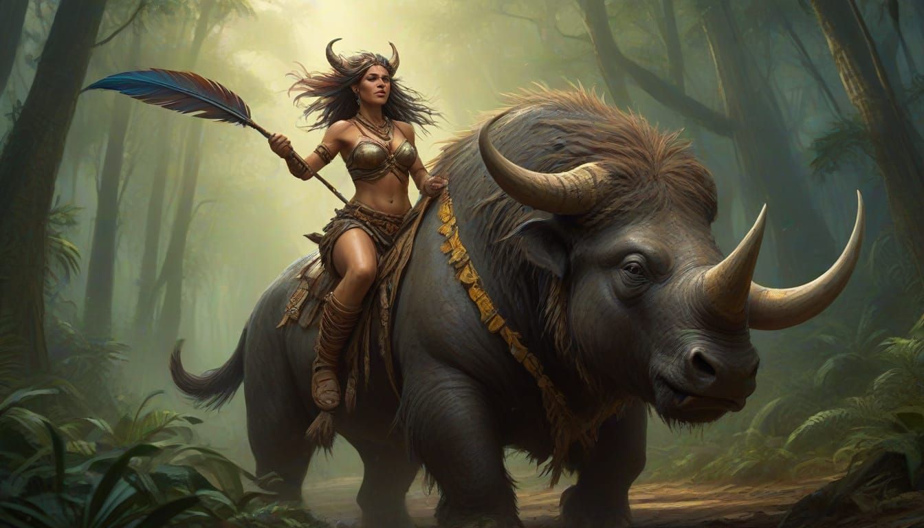 Tribal Woman Rides Elasmotherium in Oil Painting