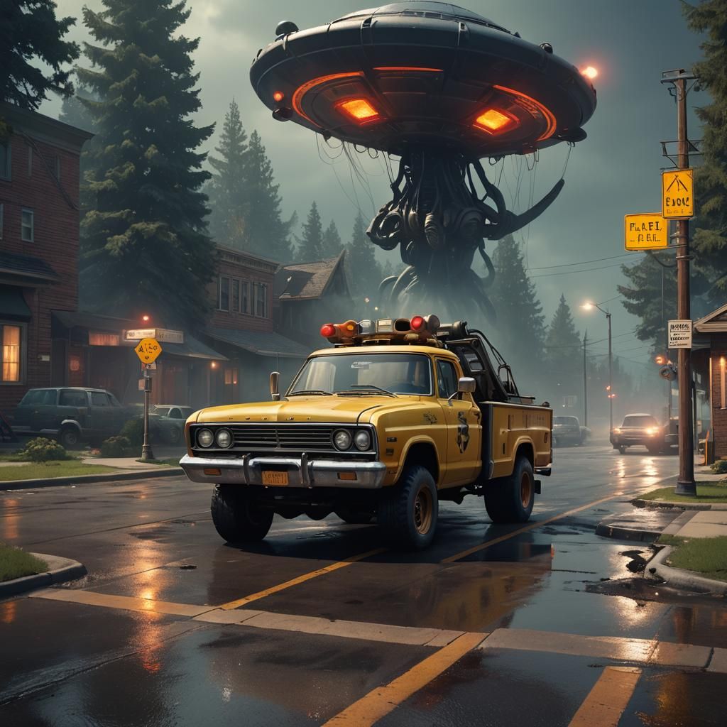 Vintage Tow Truck Tows UFO: Dark Fantasy Concept Art