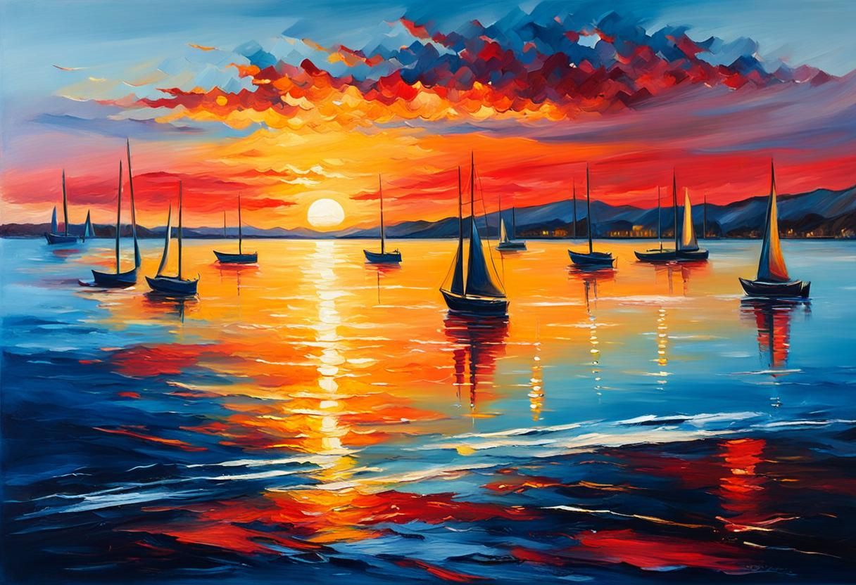 Crimson Sunset Over Sea Bay as Oil Painting