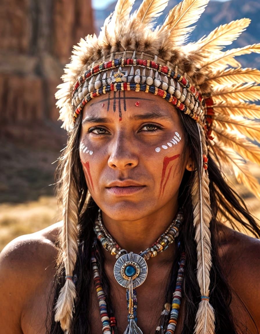Native American Warrior Portrait in Vivid Face Paint and Fea...