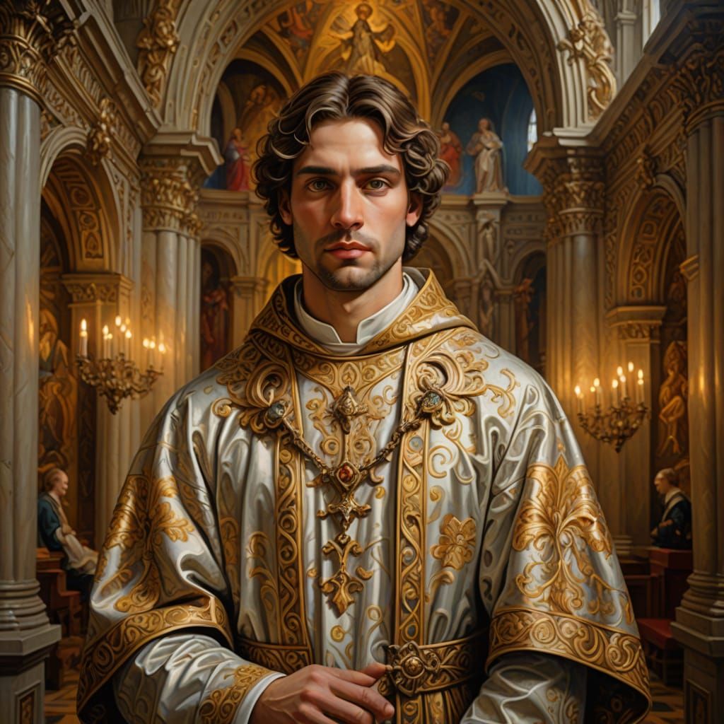 A Handsome Catholic Priest in a Grand Cathedral