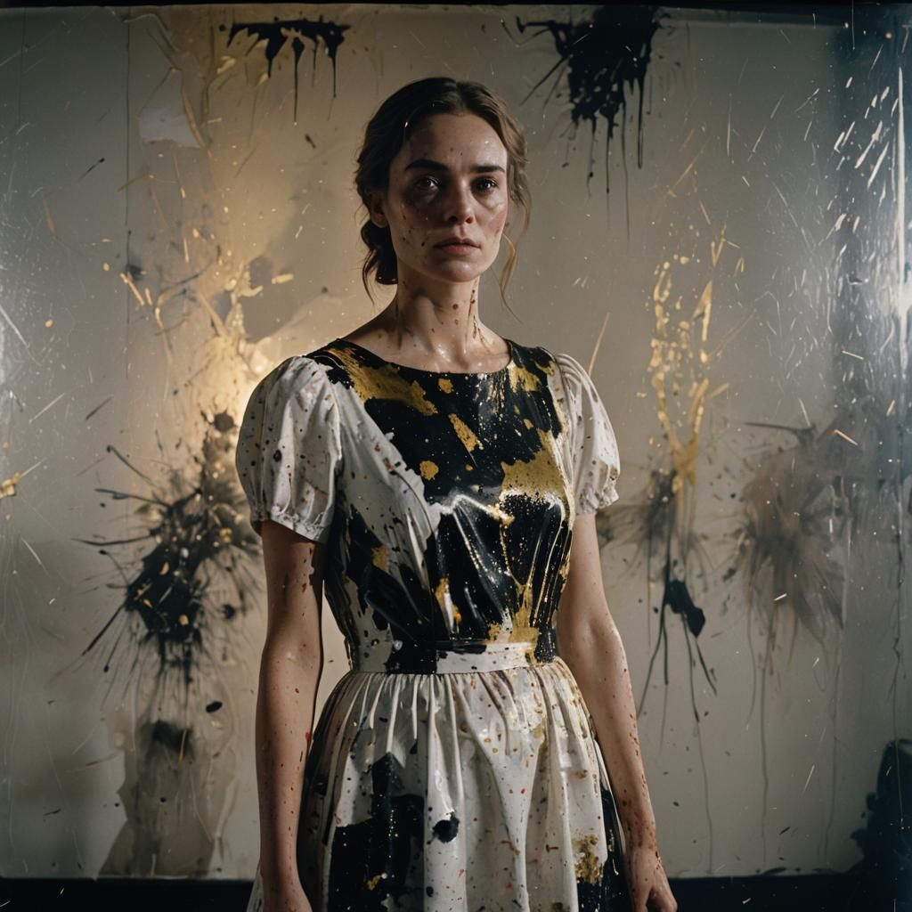 Woman in Paint-Splattered Dress: Cinematic Film Still