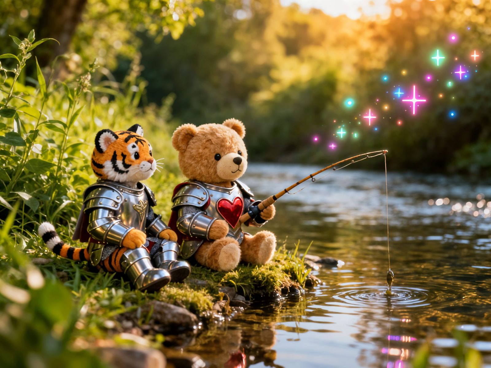 Cute Knight Bear Fishing by Lush Riverbank