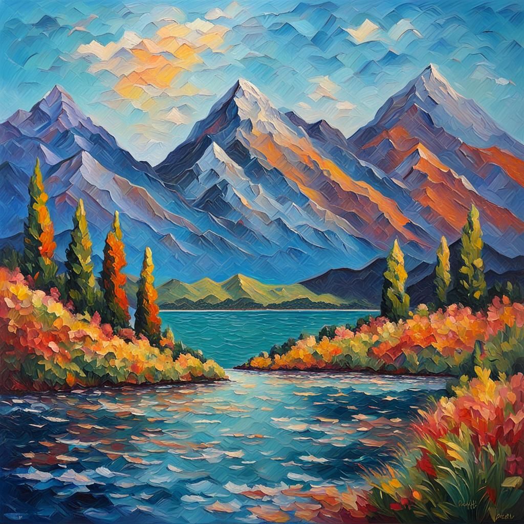 Mountains and Lake in Expressionist Oil Painting