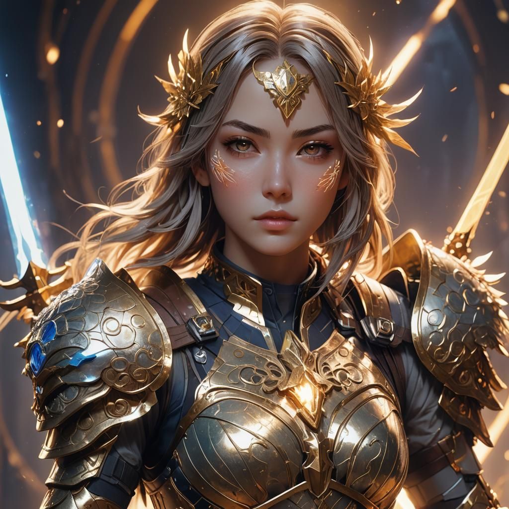 Anime Girl in Armor with Glowing Sword