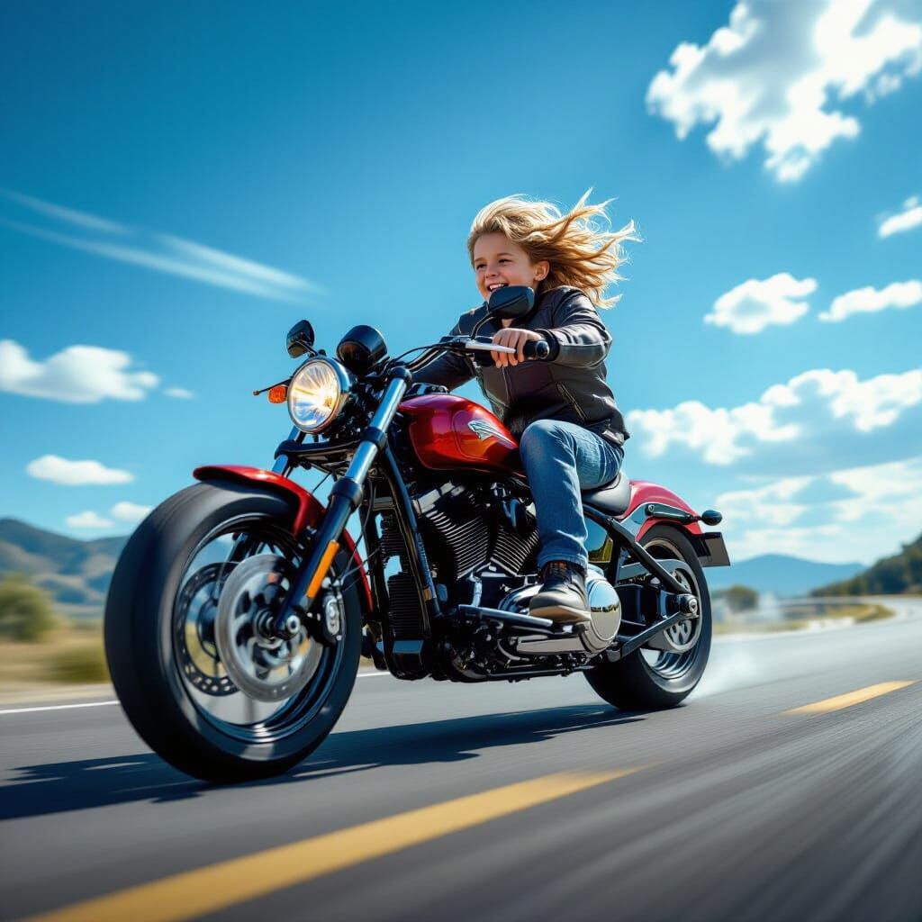 Excited Boy Performs Motorcycle Wheelie on Open Road
