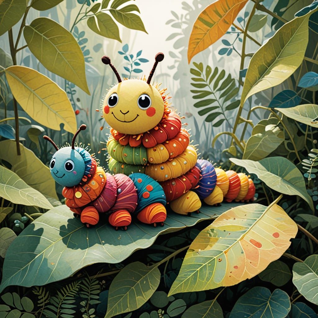Two Whimsical Caterpillars Amidst Giant Fabric Leaves