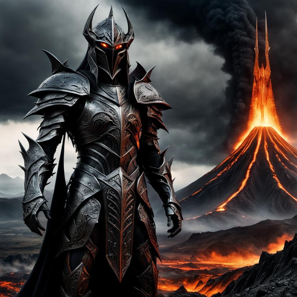 Sauron in Black Armor with Mordor Background
