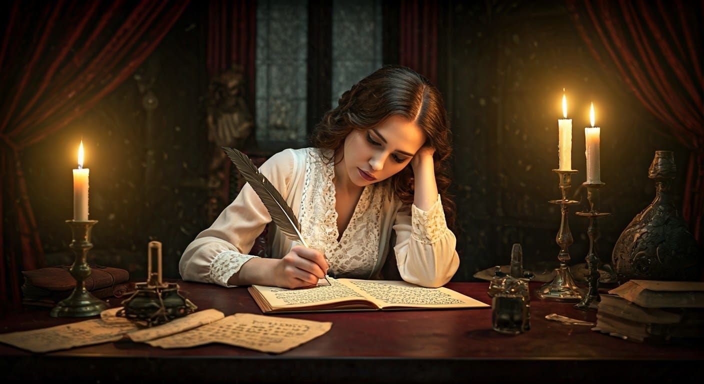 Victorian Woman Writing in Dark Study