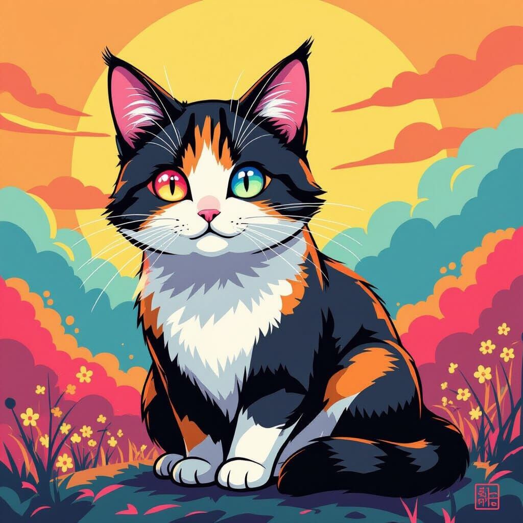 Anime Cat with Vibrant Colors and Bold Lines