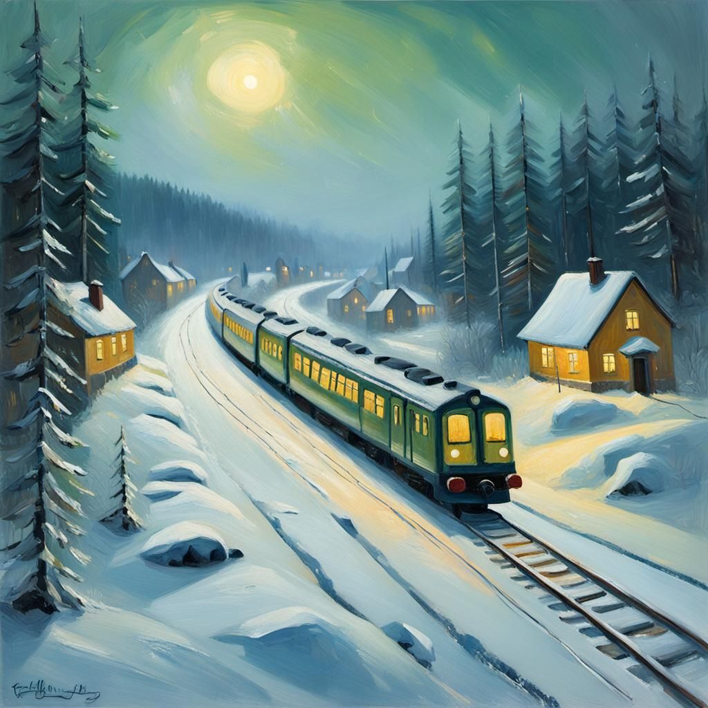 Norwegian Winter Train at Night in Oil Painting Style