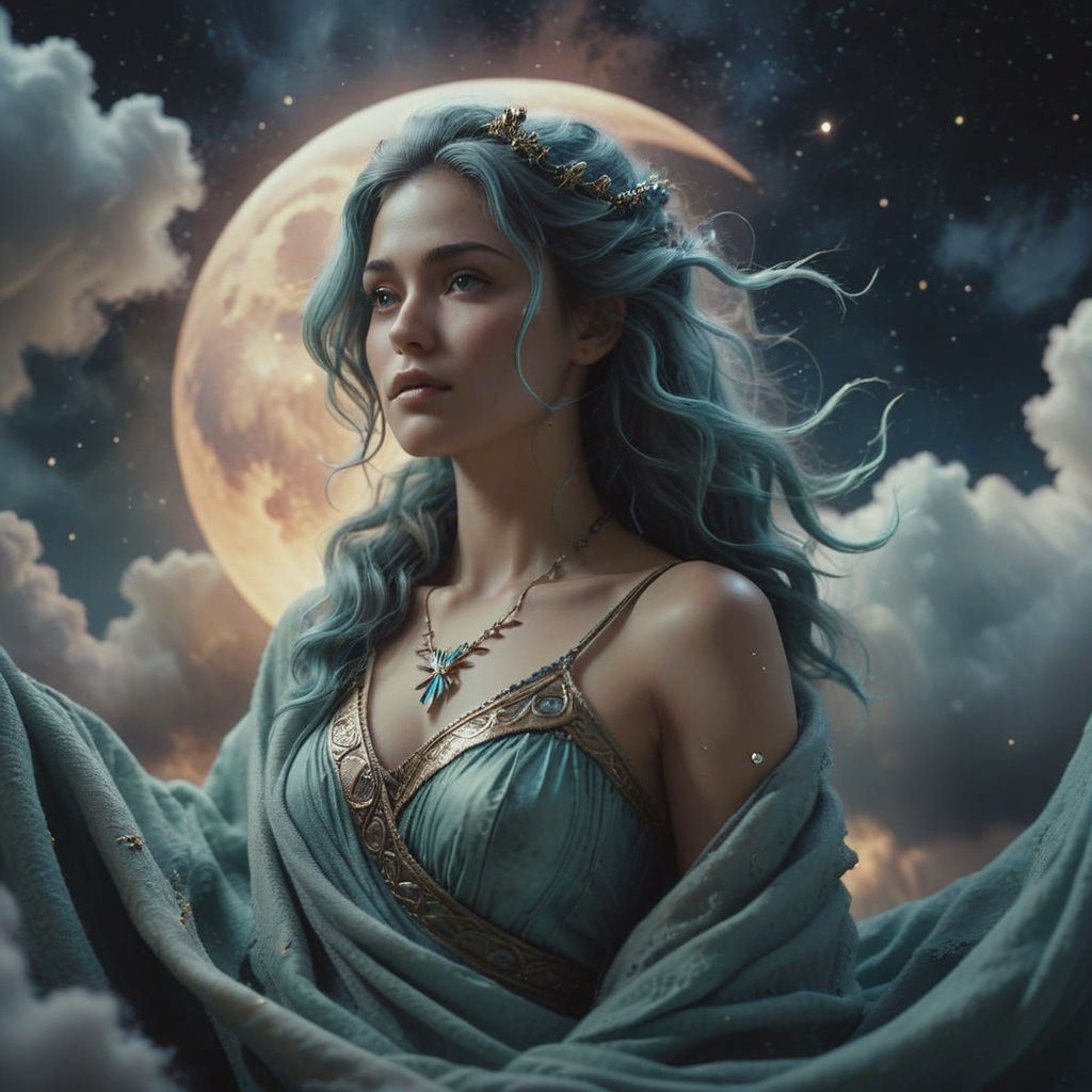 Ethereal Earth Spirit on Crescent Moon in Watercolor