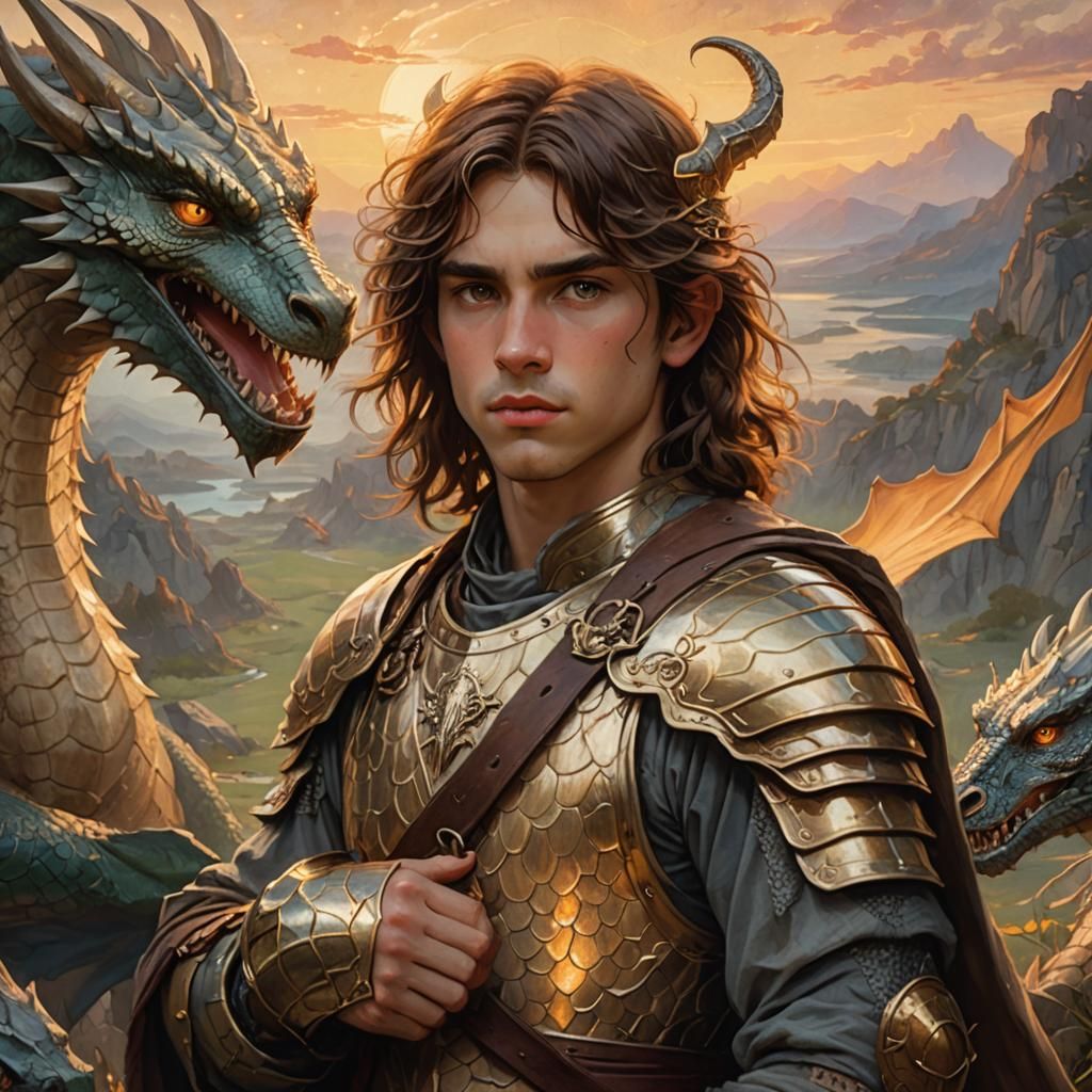 Warrior with Sling in Mystical Landscape, Pre-Raphaelite Sty...