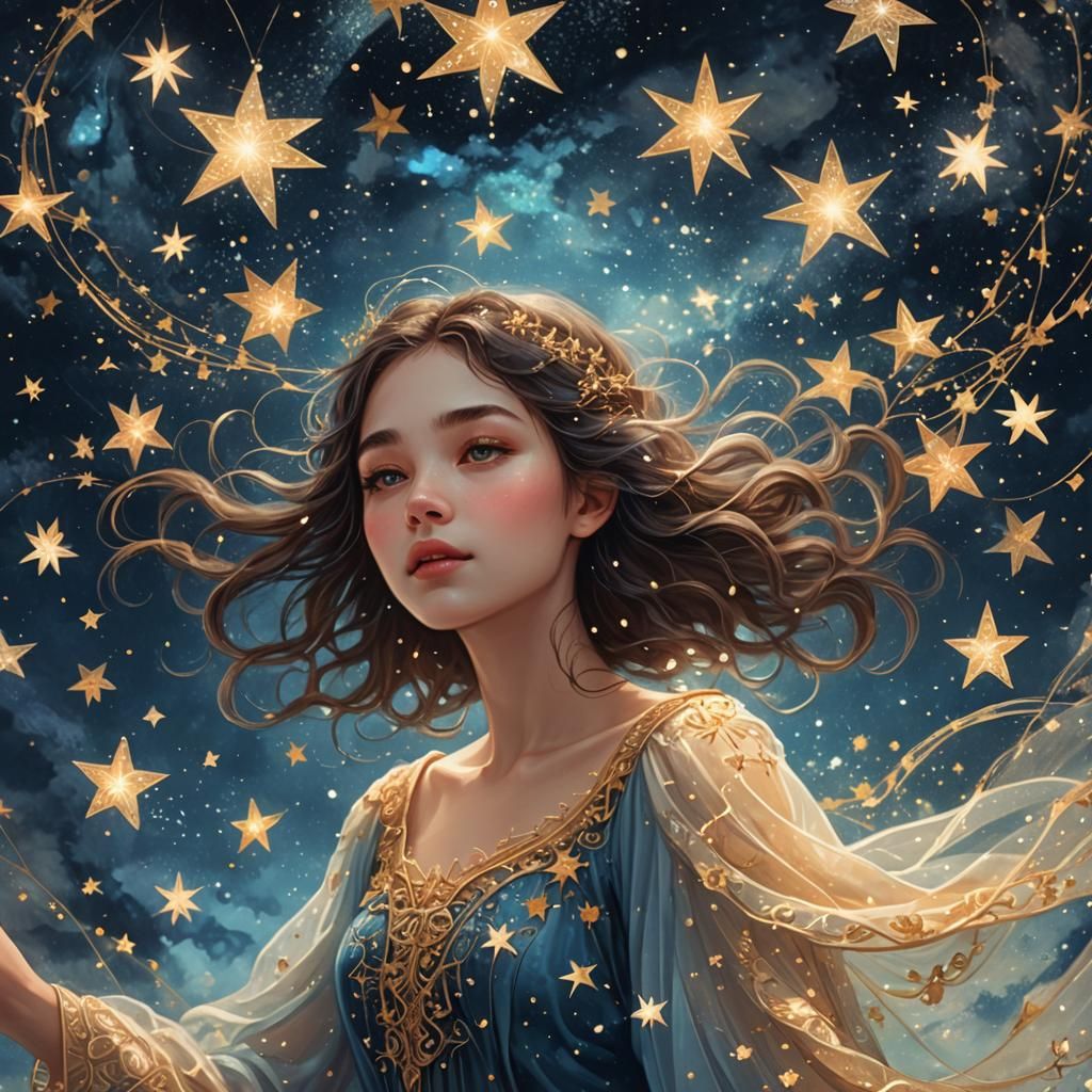 Girl Floating in Dreamlike Starry Splendor: Digital Art