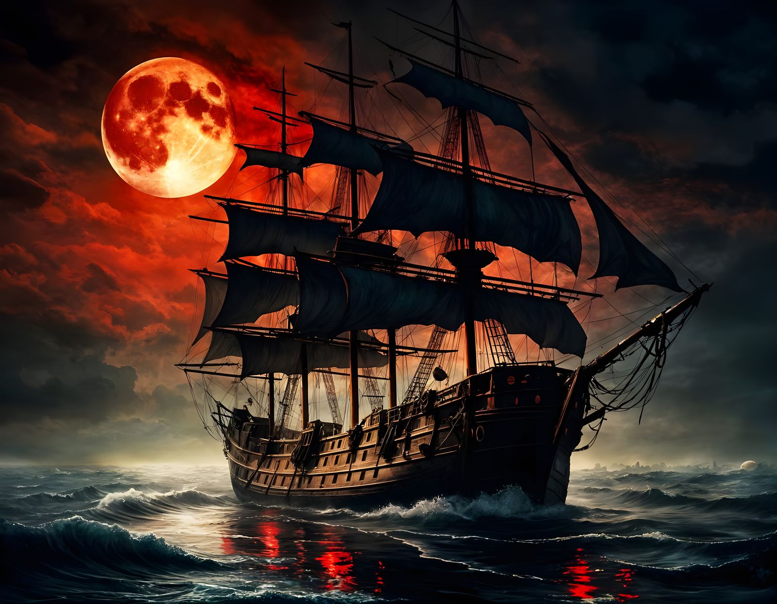 Mysterious Ship Sails Under Blood Red Moon