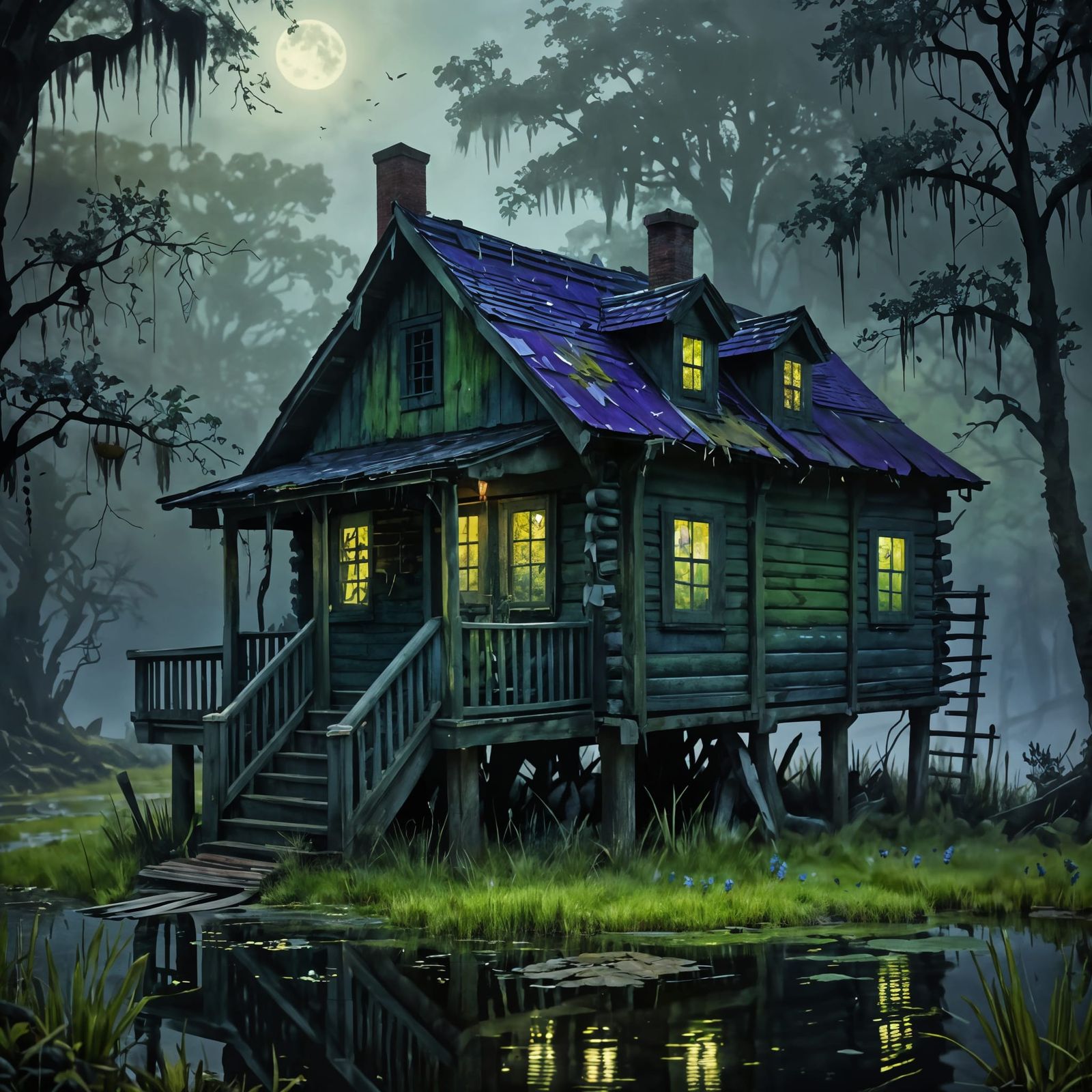 The Blue Cabin In the Swamp At Night with It Lights On
