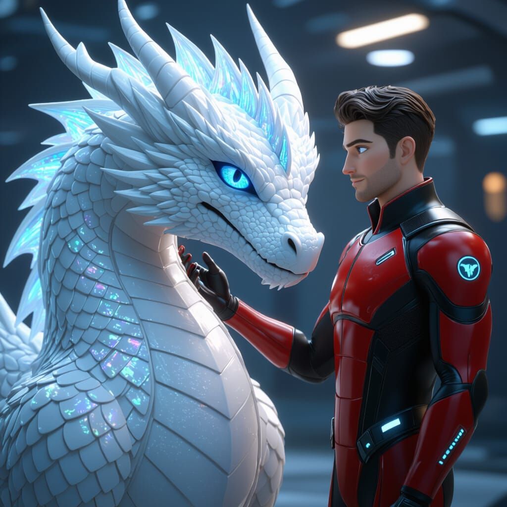 Dragon and Man in Futuristic 3D Animation Style