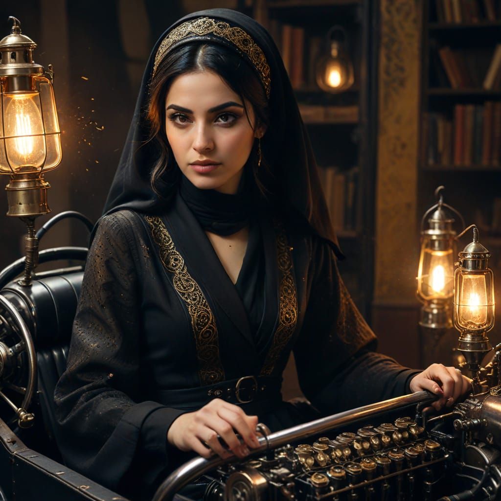 Gothic Steampunk Iranian Woman Driving Dragster