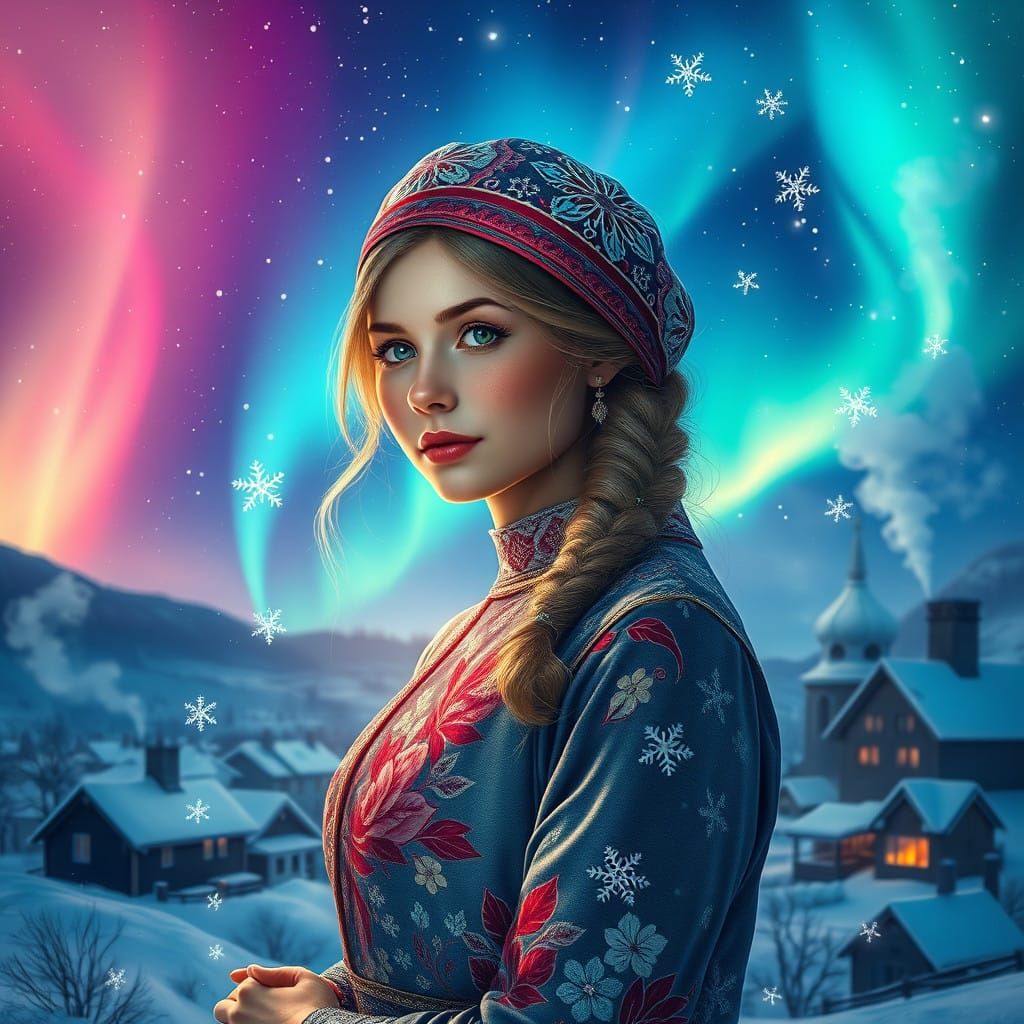 Hyperrealistic Snow Maiden in Starry Winter Wonderland