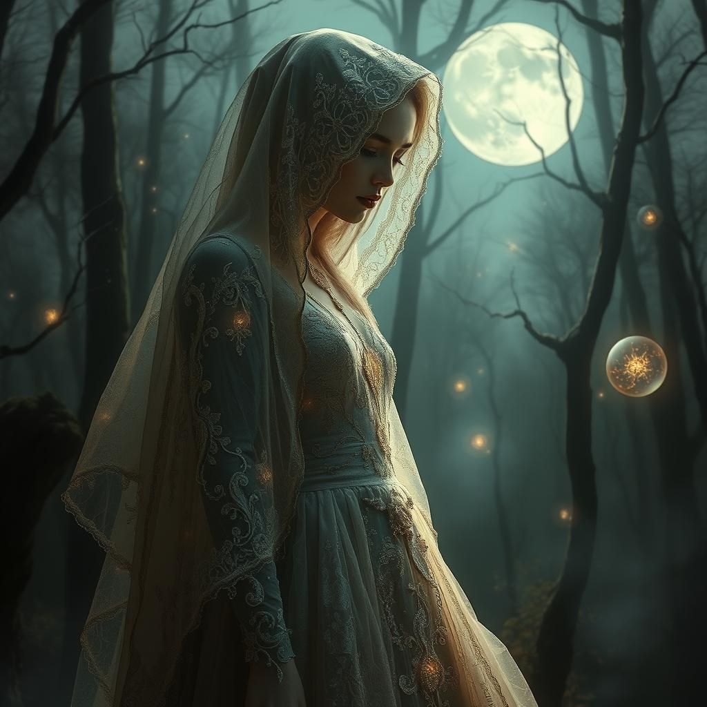 Ethereal Maiden in Moonlit Forest, Surreal Digital Art