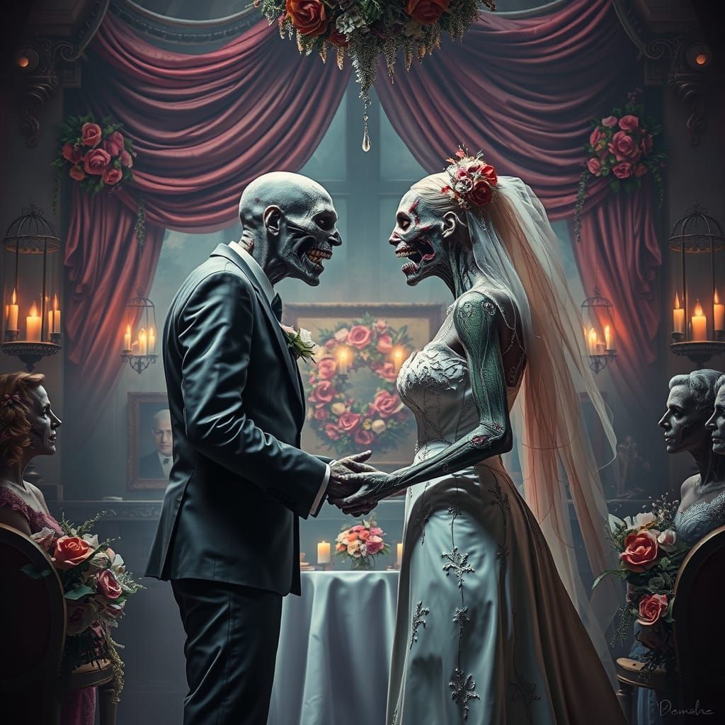Zombie Couple Wedding in Dramatic Splash Art Style