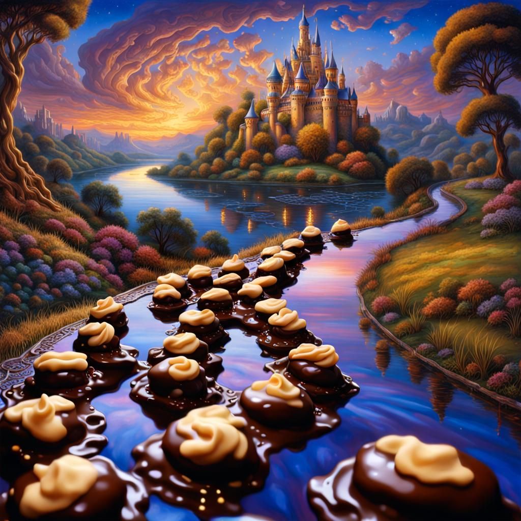 Chocolate River With Profiterole Castle, Hyperdetailed Art