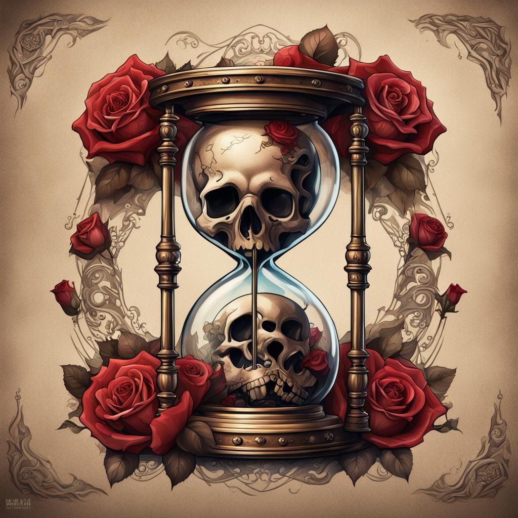 Hourglass and skull tattoo