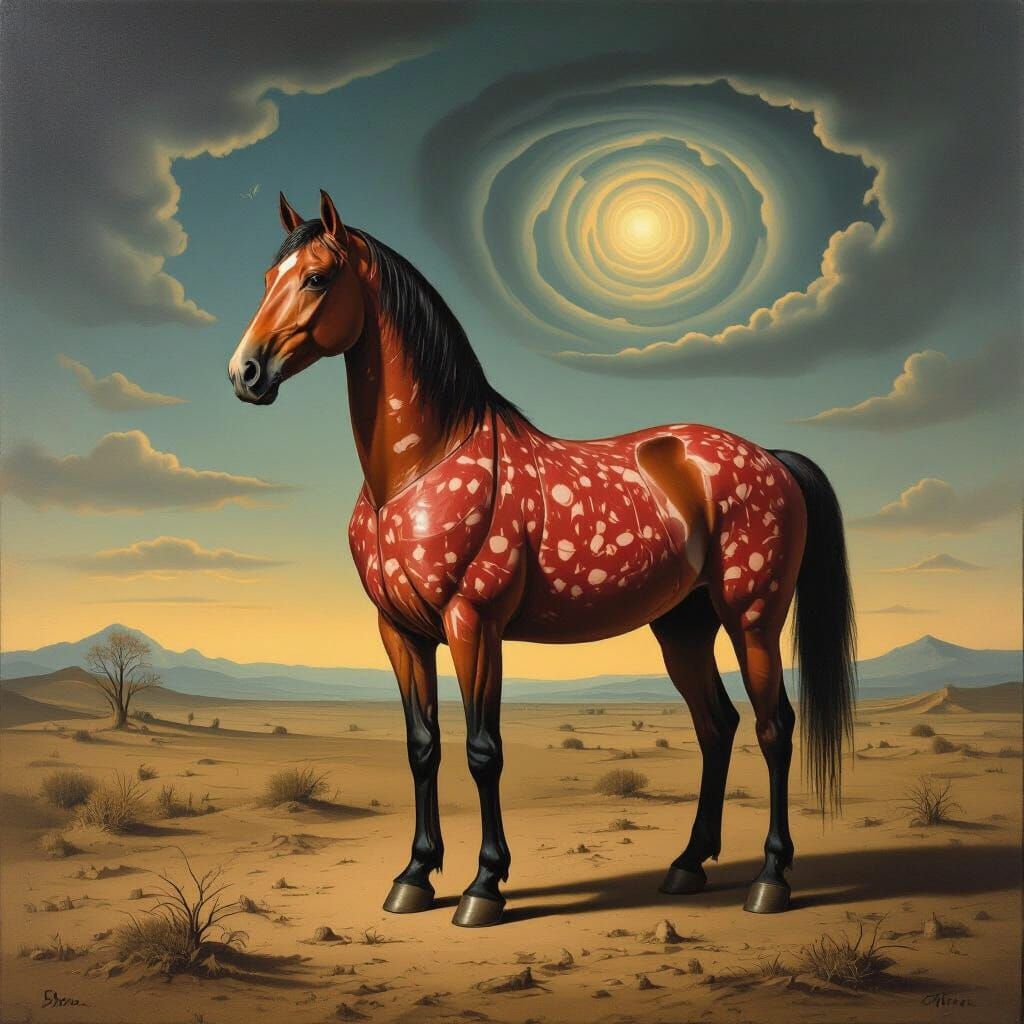 Surreal Salami Horse in Desolate Dreamscape