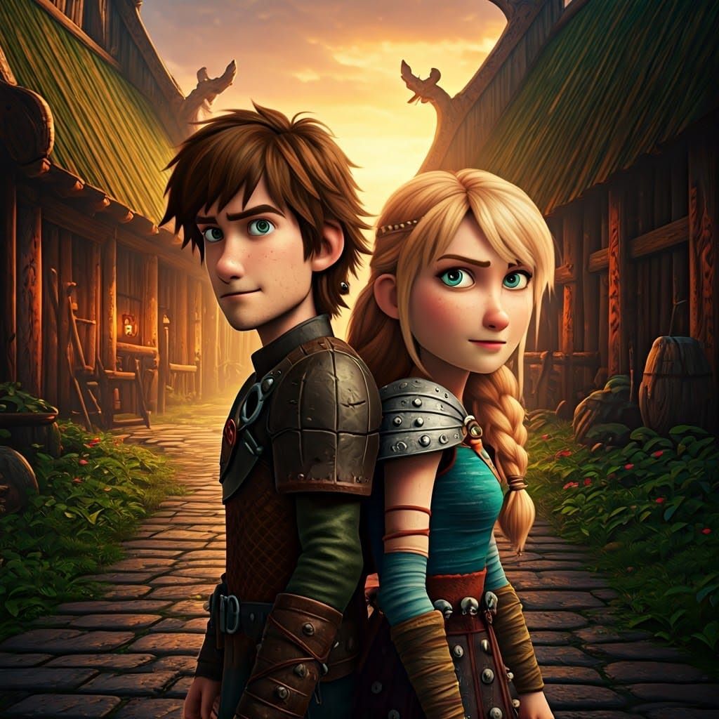 Hiccup and Astrid in a Viking Village