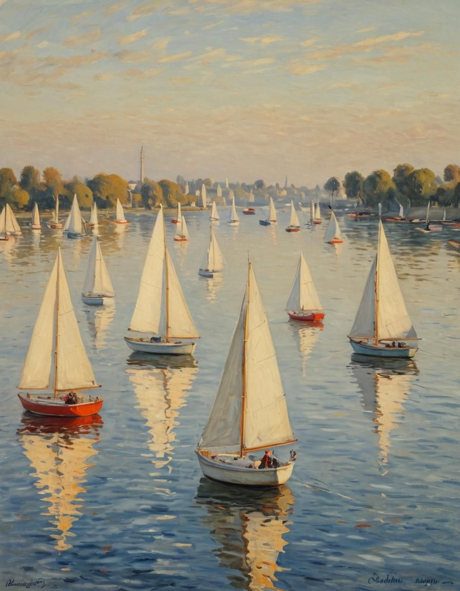 Red Boats on Argenteuil in Impressionist Style