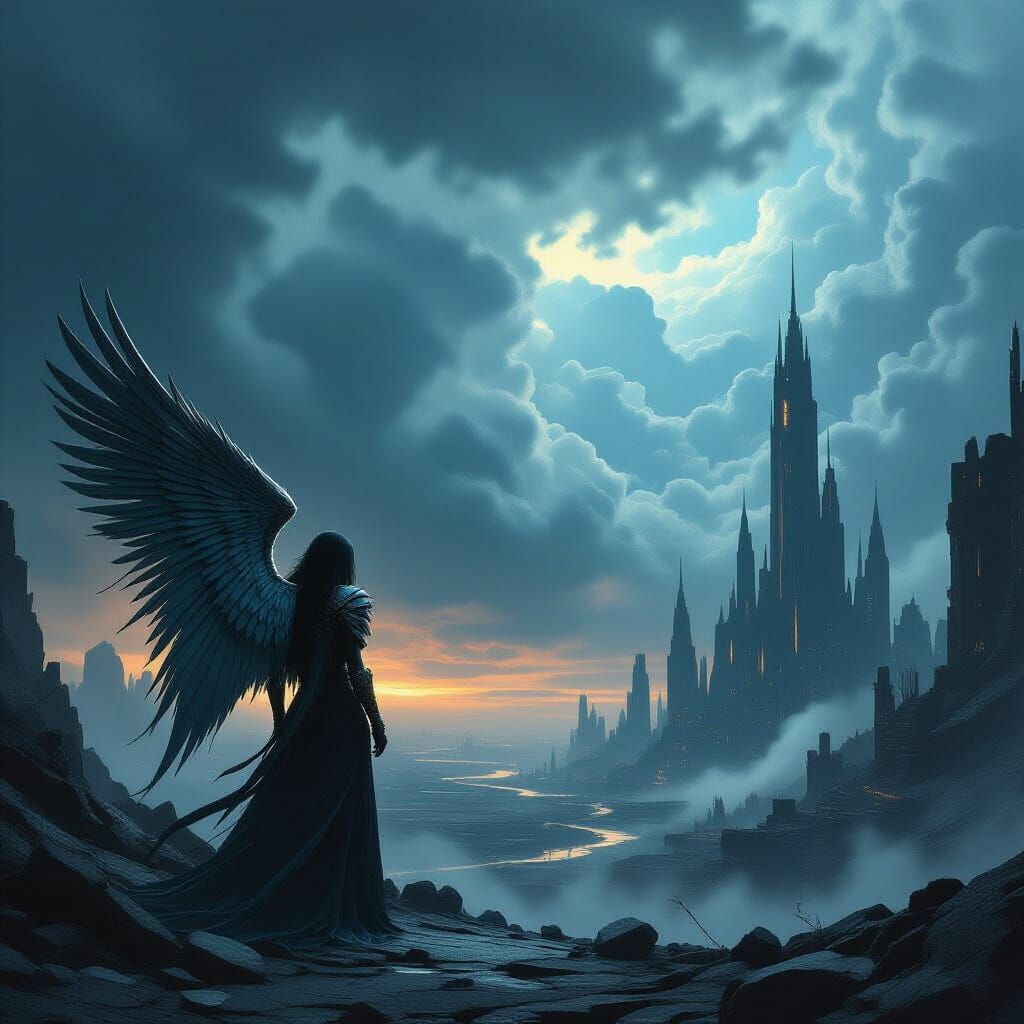 Lone Angel in Ruined Futuristic City