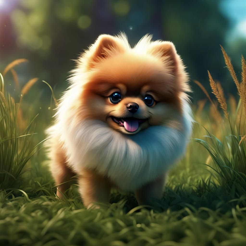 Cute Pomeranian Puppy in Grassy Field