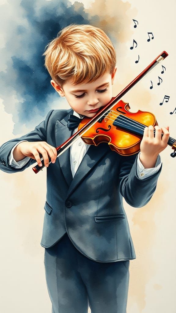 Boy Violinist in Gouache Watercolor Style