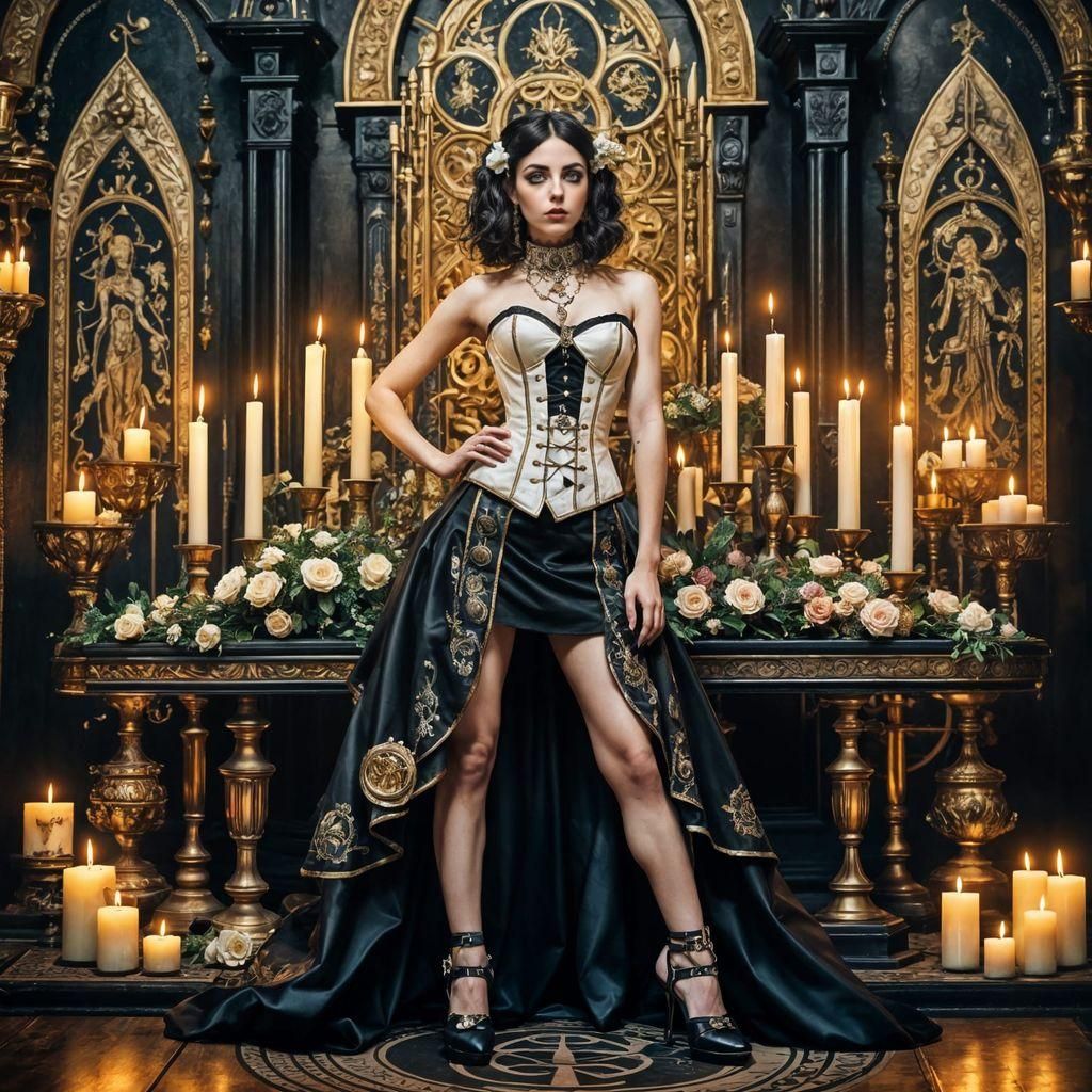 Steampunk Gothic Woman at Altar, Hyperrealistic Art