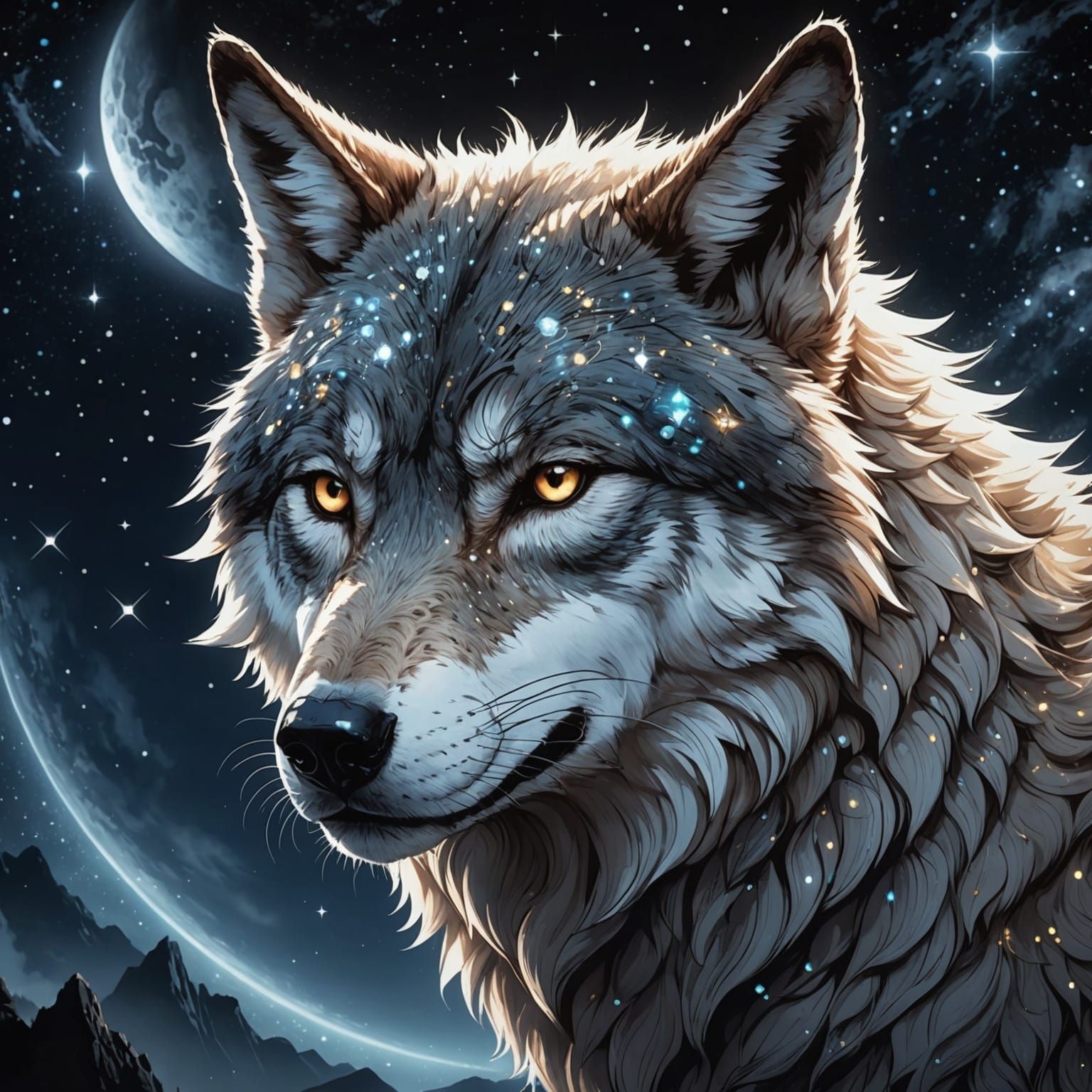 Wolf Face Merging with Constellations in Anime Style